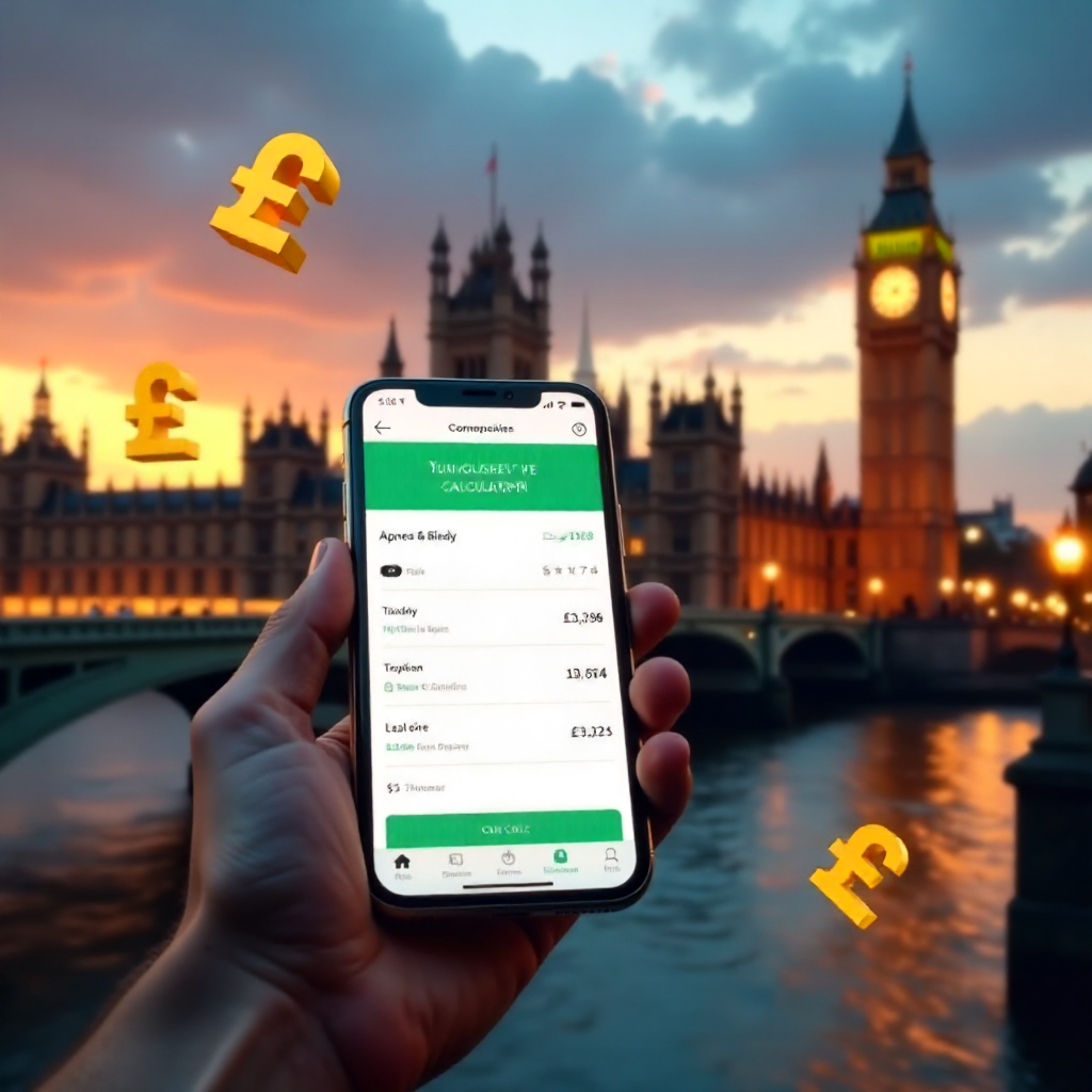 A hand holding a high-end smartphone displaying a professional Single Bet Calculator app with a clean white and emerald green interface, background is the London skyline with the Big Ben and Westminster Bridge at sunset, 3D golden British Pound symbols (£